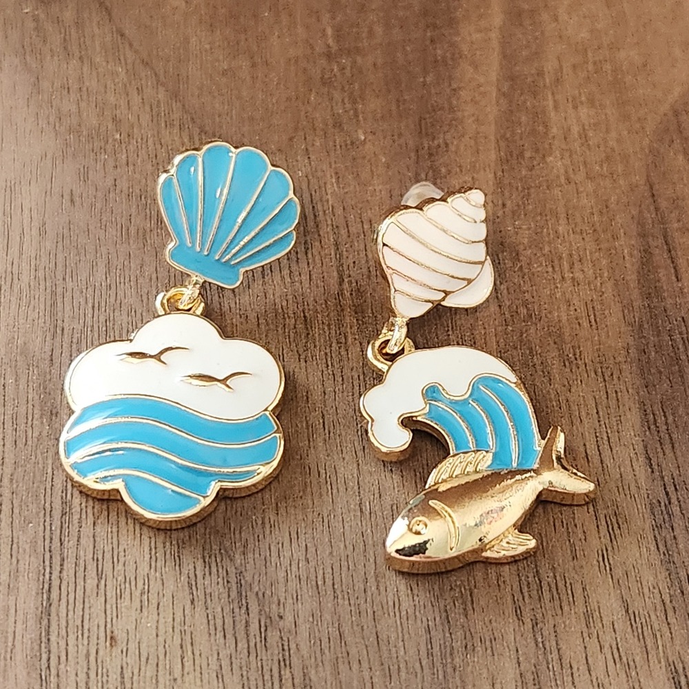 Asymmetrical Nautical Enamel Drop Earrings Blue White Gold Fish Shell Wave